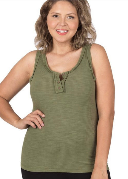 Ribbed Button Tank - Olive