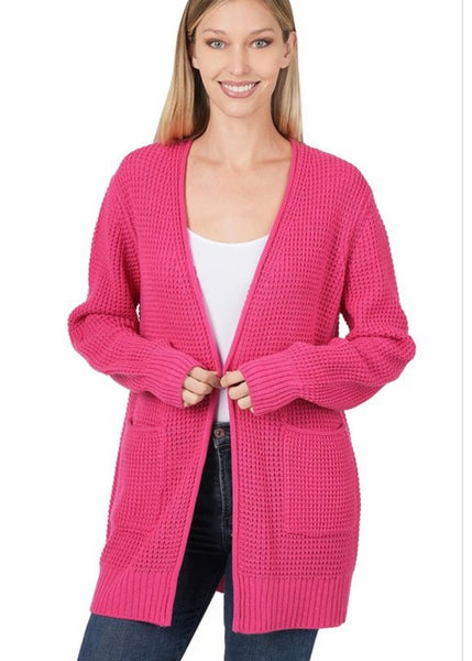 Waffle Knit Cardi - Coral Fuschia